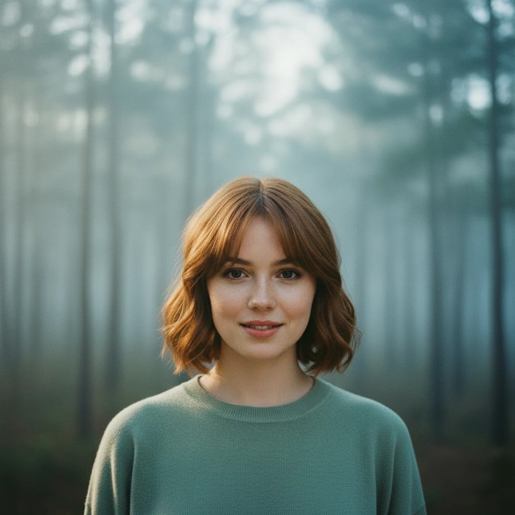 The same character standing in a misty forest at dawn