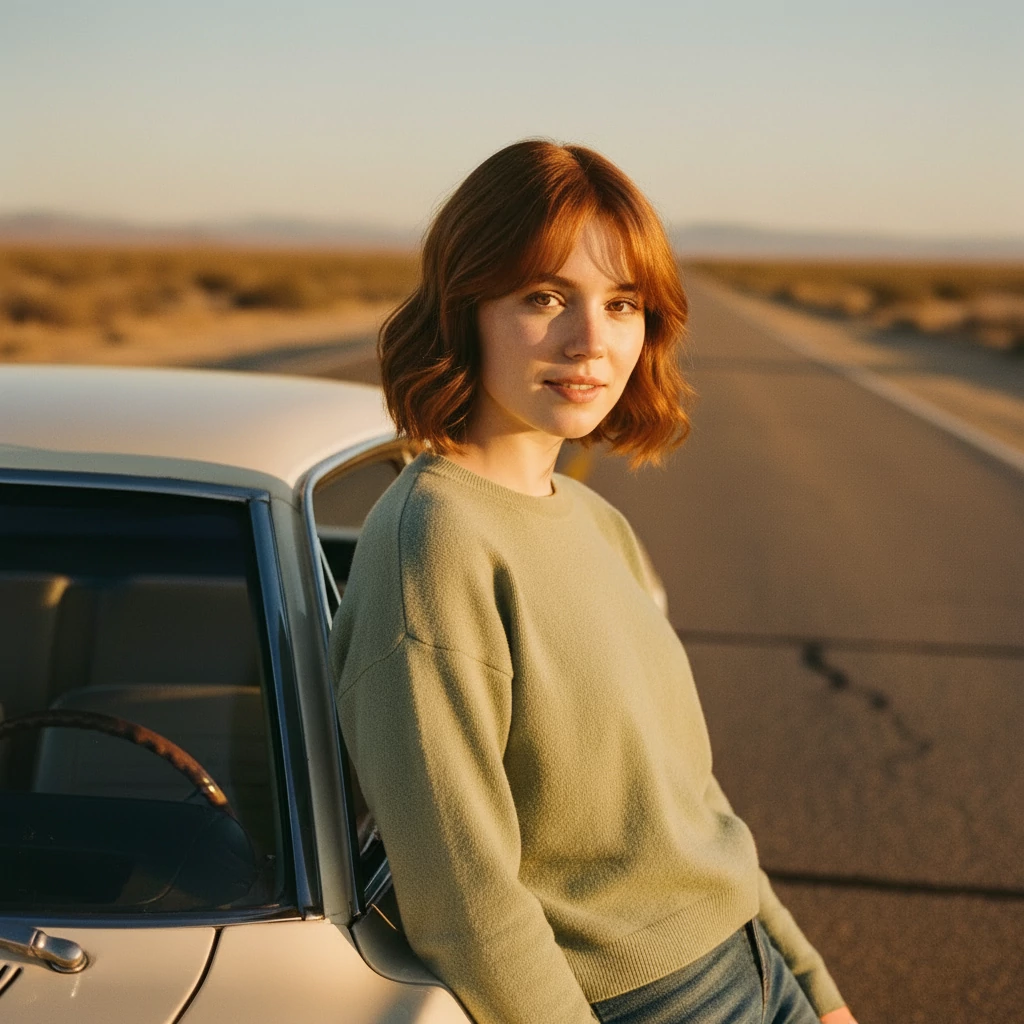The same character beside a car on a desert highway at golden hour