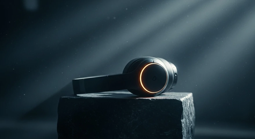 Generated still: a matte-black headphone on a stone pedestal